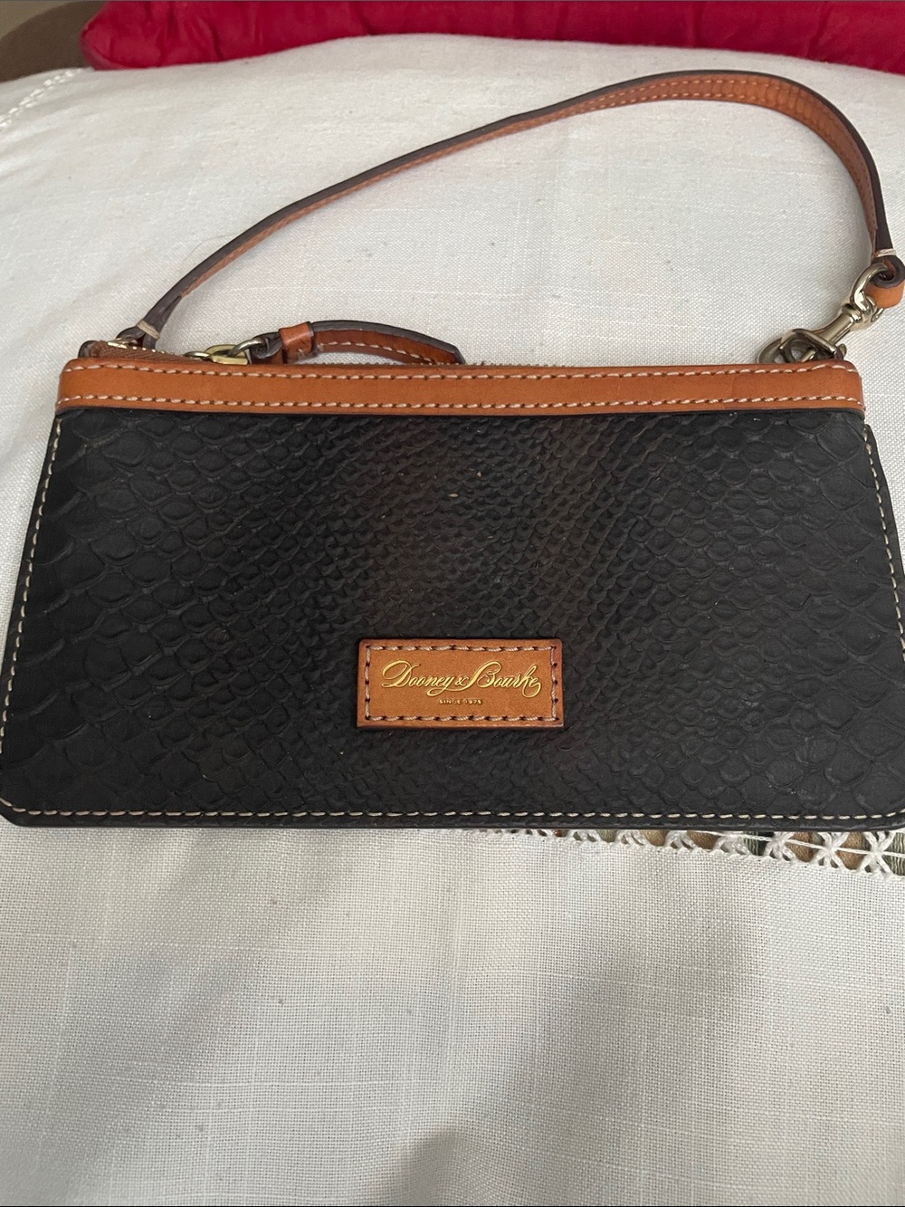 Dooney & Bourke Black Textured Leather Wristlet & Tan Trim Needs Little Cleaning